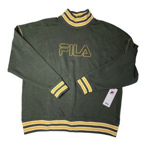 FILA Mens L Oversized Turtleneck Sweatshirt Pullover Green Yellow Embroidered